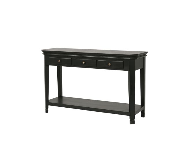 Mesa de consola cesena, de cor preta, estilo basic, mede 80x128x40 cm e tem 3 gavetas e 1 prateleira