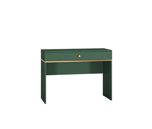 A mesa de consola fort em verde e dourado é feita de madeira de engenharia e apresenta um design moderno.