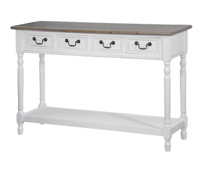 Mesa de consola rimini white, de cor branca e castanha, em estilo campestre francês, com 79x122x41 cm, 4 gavetas e 1 prateleira