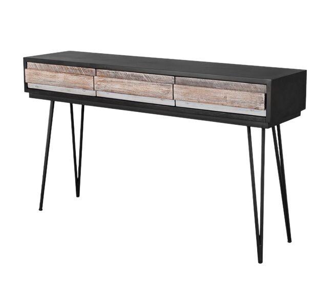 Mesa de consola adesso, de cor bege e preta, em estilo retro, com 80x140x35 cm e 3 gavetas