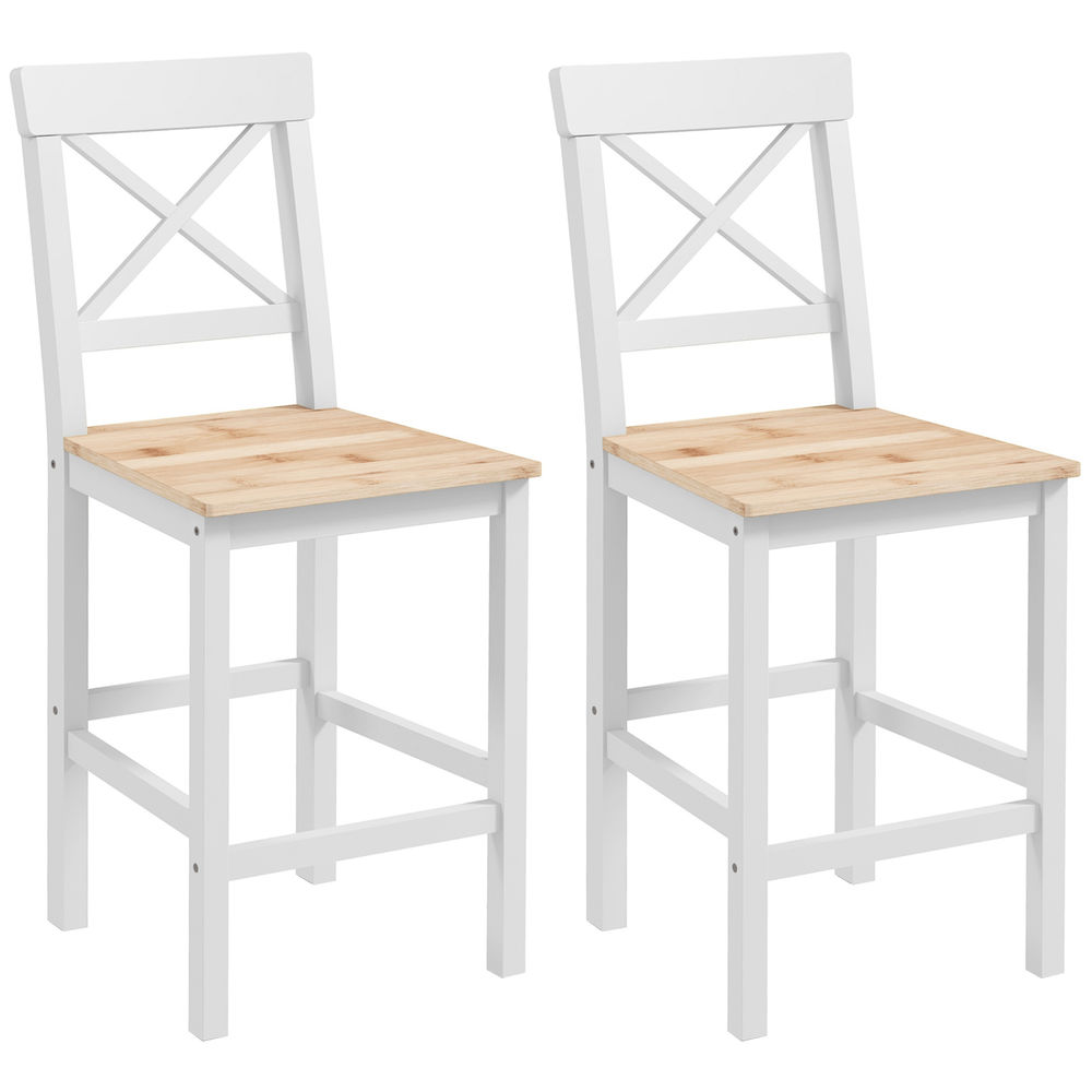 Homcom conjunto de 2 bancos de bar de madeira bancos altos de cozinha com encosto e apoio para os pés estilo rústico para sala de jantar 41x46x97.5 cm natural