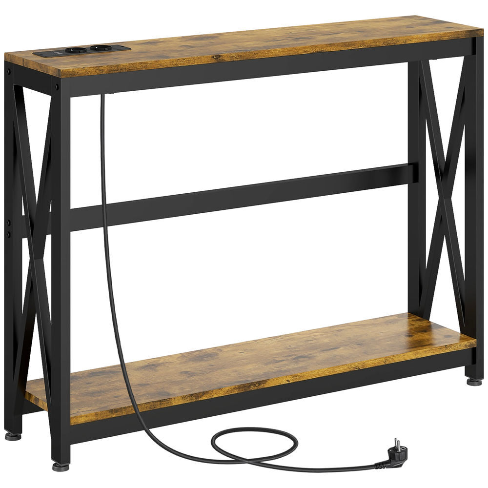 Homcom mesa consola de estilo industrial mesa de entrada de 2 níveis com estação de carregamento e estrutura de aço para sala corredor 100x24x75 cm