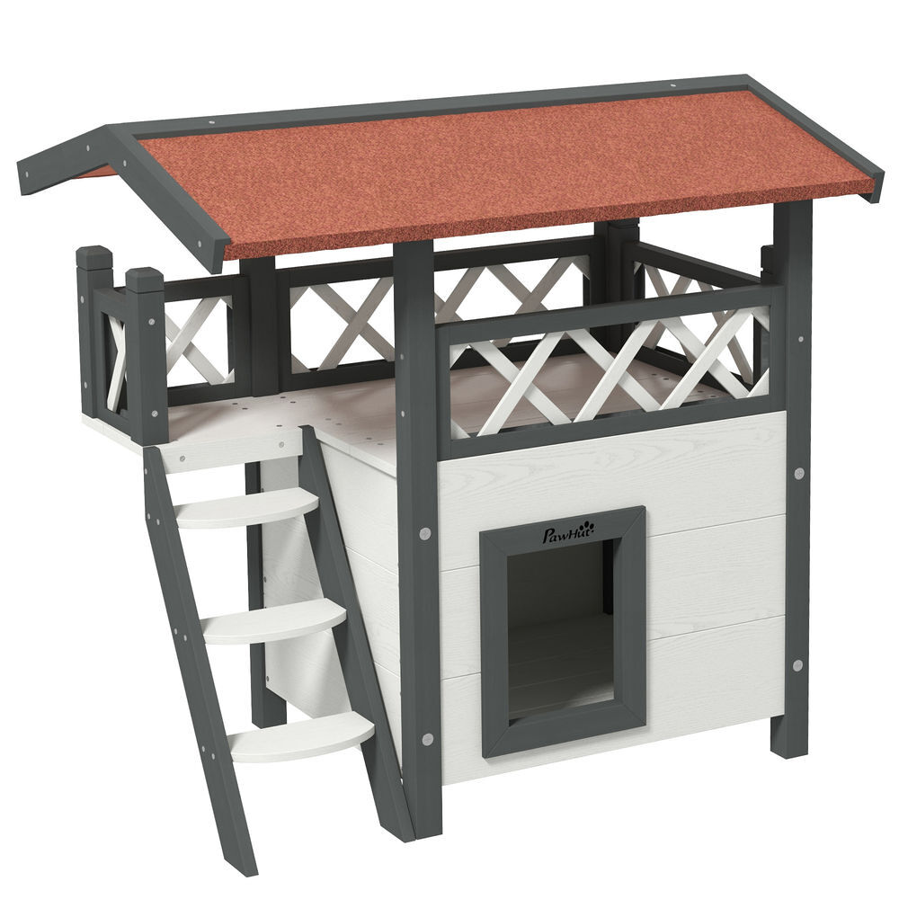 Pawhut casa para gatos de madeira 77x50x73cm casa para gatos com 2 níveis com teto asfáltico terraço cercado caverna e escada para interior e exterior