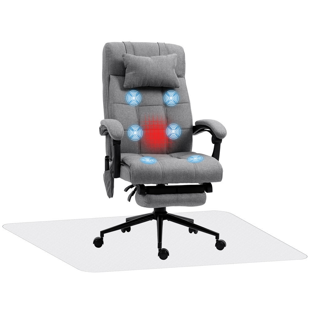 Vinsetto conjunto de escritório inclui 1 cadeira de massagem reclinável com 6 pontos de massagem e função de aquecimento 66x76x112-120 cm e 1 tapete protetor de chão 90x120 cm gris e transparente