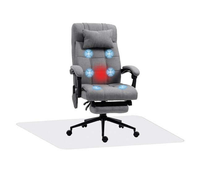 Vinsetto conjunto de escritório inclui 1 cadeira de massagem reclinável com 6 pontos de massagem e função de aquecimento 66x76x112-120 cm e 1 tapete protetor de chão 90x120 cm gris e transparente