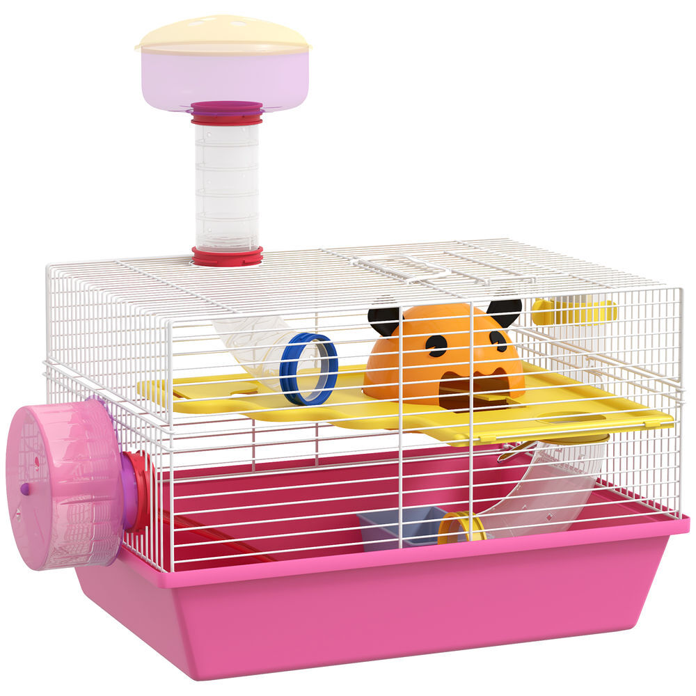 Pawhut gaiola para hamsters gaiola para animais pequenos com comedouro bebedouro roda de exercício torre de observação e casinha 34x27x25 cm