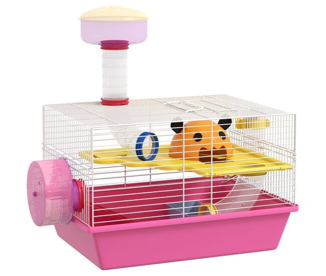Pawhut gaiola para hamsters gaiola para animais pequenos com comedouro bebedouro roda de exercício torre de observação e casinha 34x27x25 cm