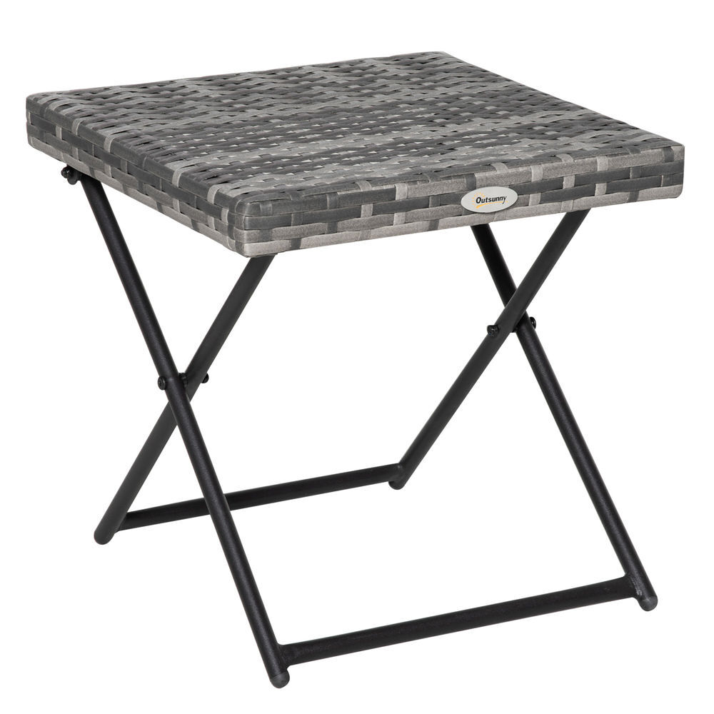 Outsunny mesa de jardim em vime sintético mesa de terraço exterior dobrável com pés cruzados e estrutura de aço para pátio varanda 40x40x40 cm cinza
