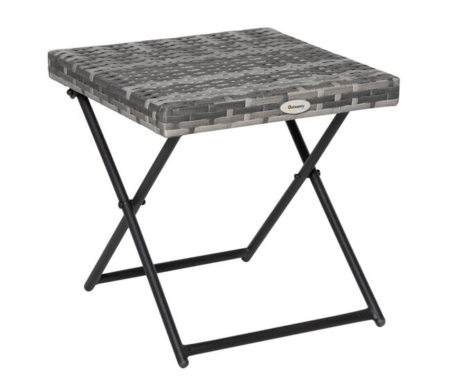 Outsunny mesa de jardim em vime sintético mesa de terraço exterior dobrável com pés cruzados e estrutura de aço para pátio varanda 40x40x40 cm cinza