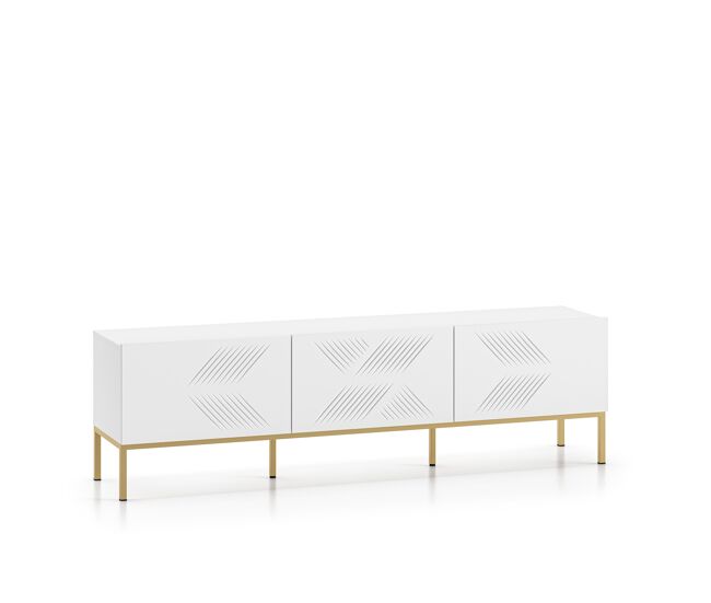 A mesa de tv clearing em branco é feita de madeira de engenharia e apresenta um design moderno.