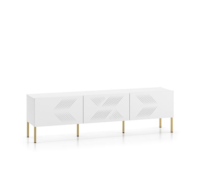 A mesa de tv clearing em branco é feita de madeira de engenharia e apresenta um design moderno.
