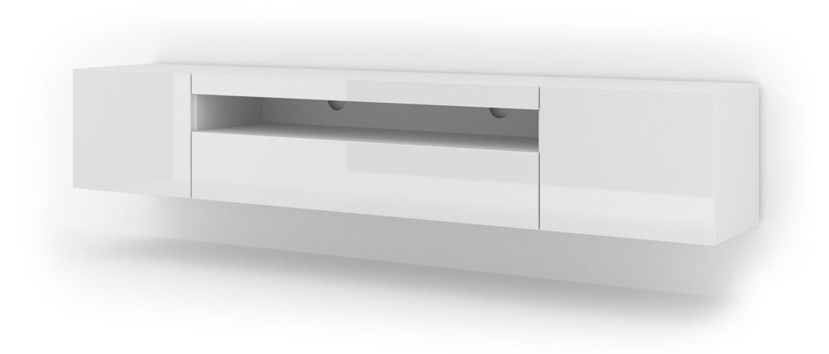 A mesa de tv aura estilo moderno. mede 42x200x37 cm e inclui 4 prateleiras e 3 portas.