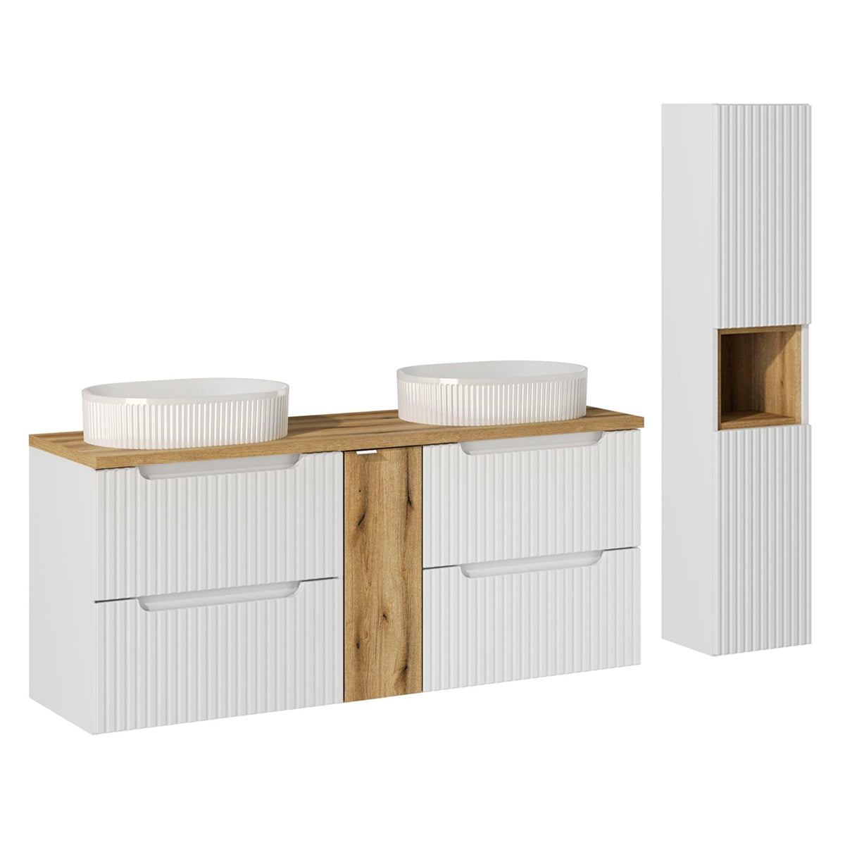 Conjunto móvel duplo lavatório 140cm 4 gavetas e enceinte riva blanc e madeira