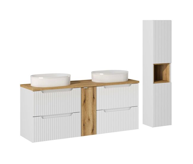 Conjunto móvel duplo lavatório 140cm 4 gavetas e enceinte riva blanc e madeira