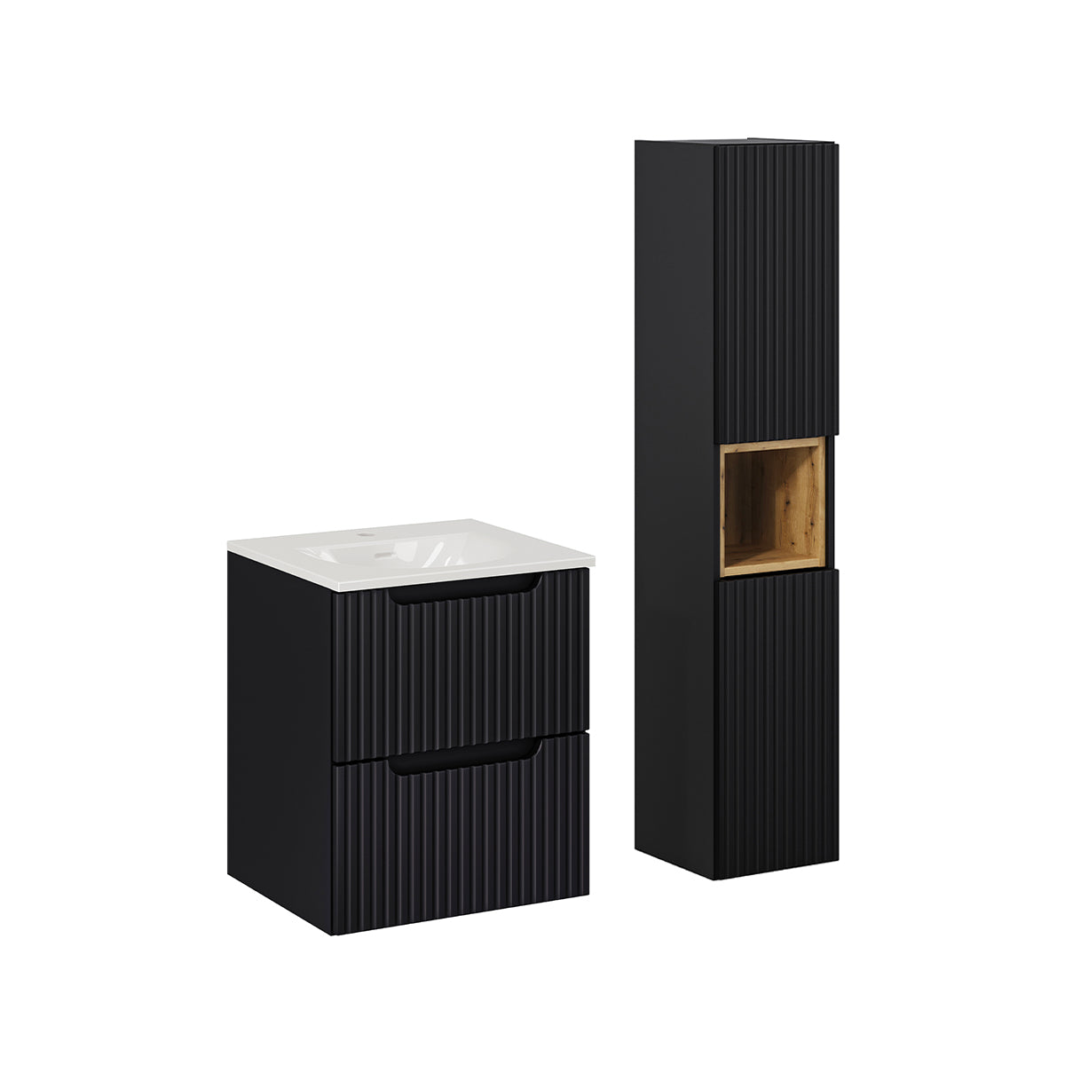 Conjunto móvel de lavatório simples encastrado 50cm 2 gavetas e enceinte riva noir e madeira