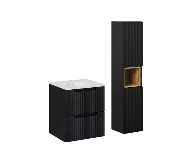 Conjunto móvel de lavatório simples encastrado 50cm 2 gavetas e enceinte riva noir e madeira