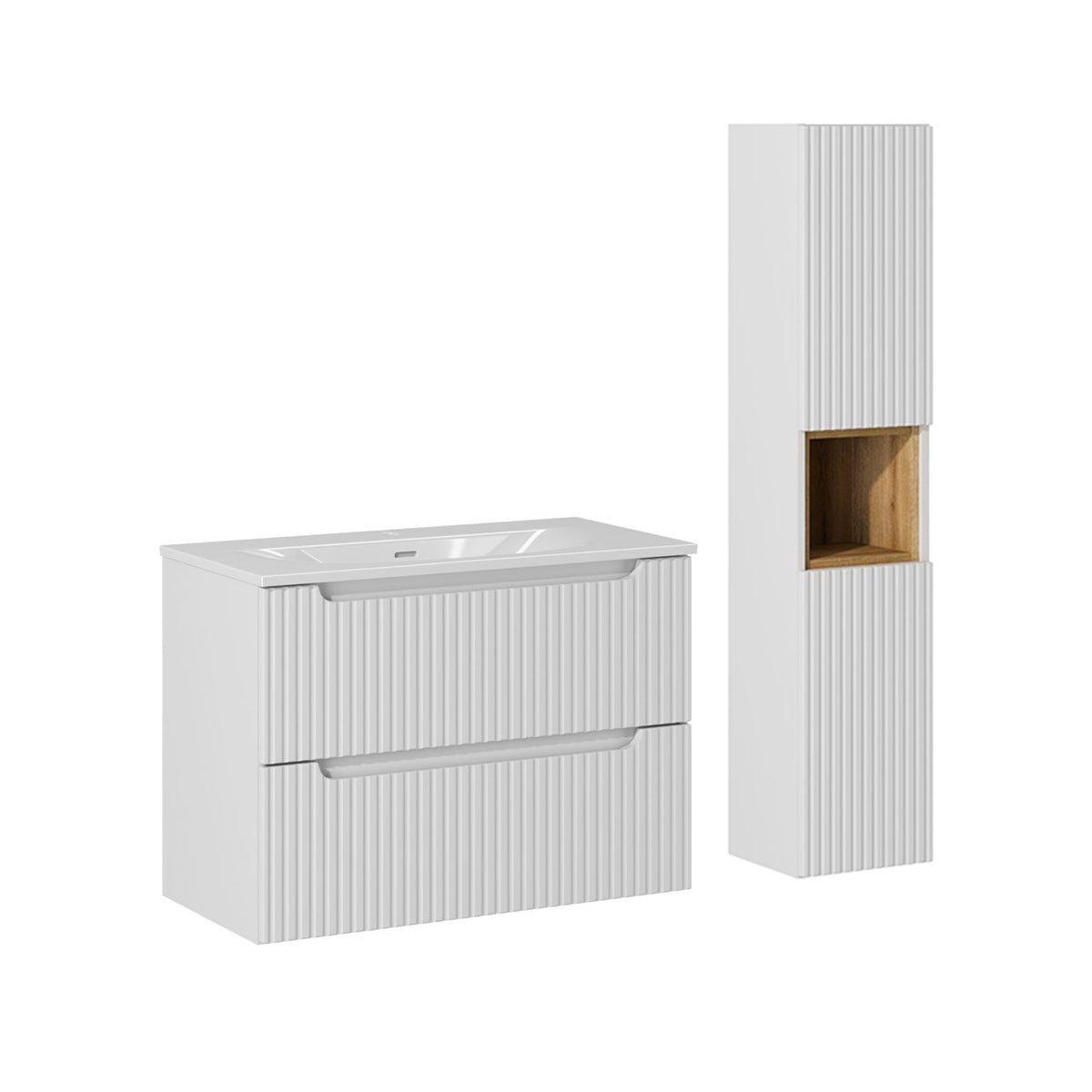 Conjunto móvel lavatório simples 80cm 2 gavetas e coluna riva branco e madeira