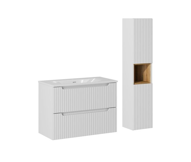 Conjunto móvel lavatório simples 80cm 2 gavetas e coluna riva branco e madeira