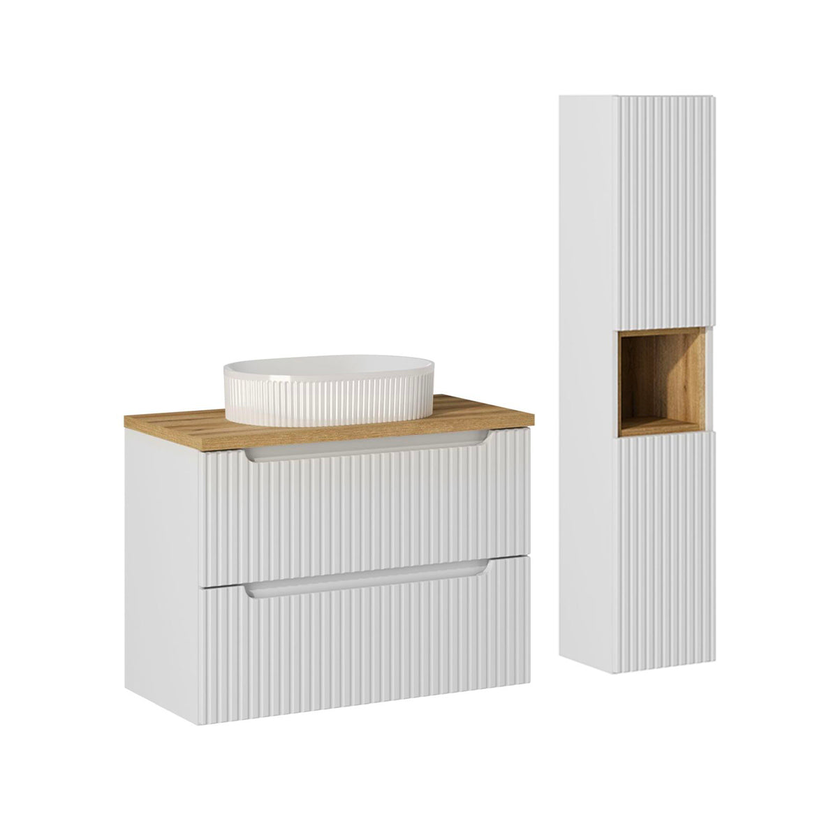 Conjunto móvel lavatório simples 80cm 2 gavetas e enceinte riva blanc e madeira