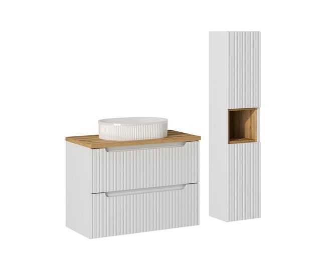 Conjunto móvel lavatório simples 80cm 2 gavetas e enceinte riva blanc e madeira