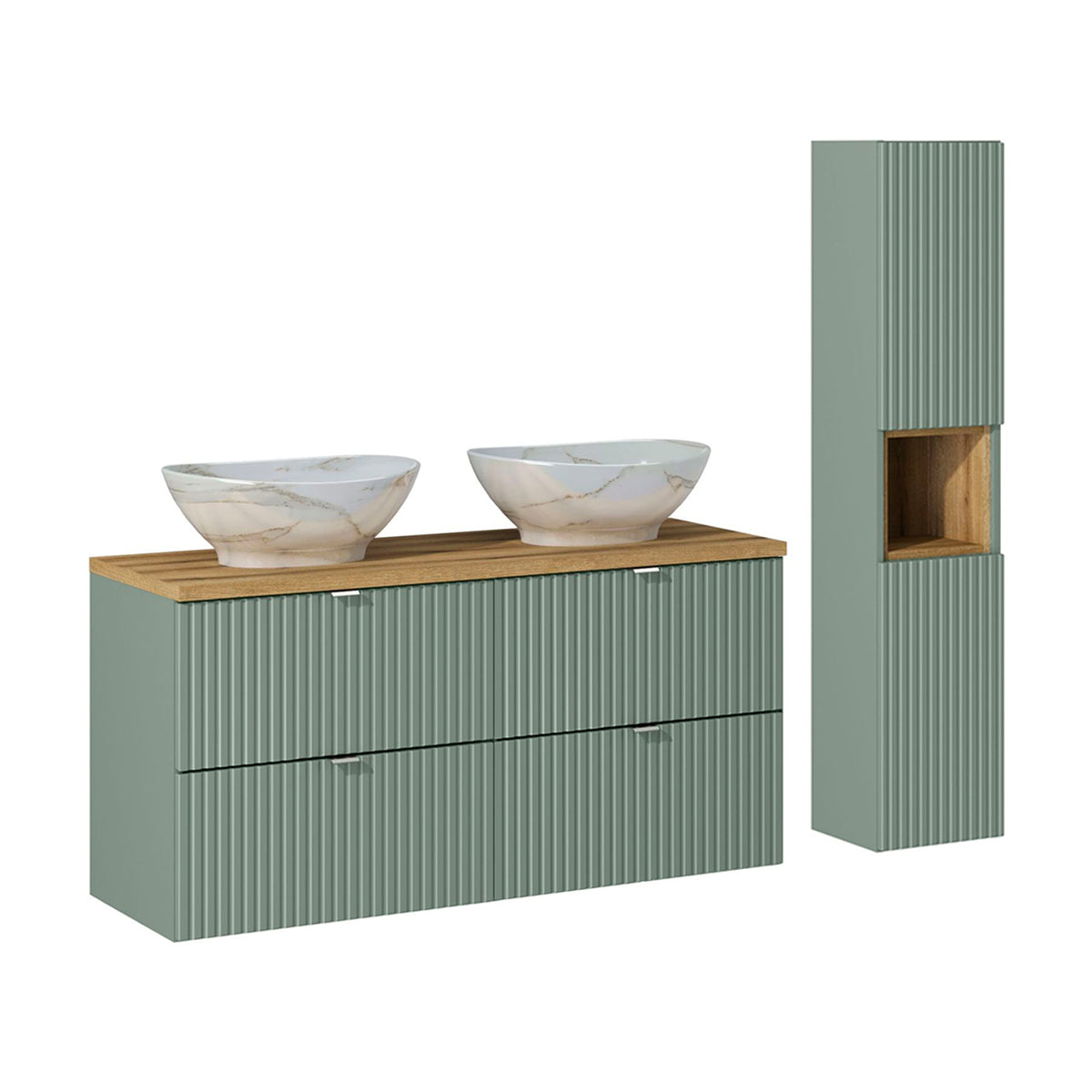 Conjunto de lavatório duplo de 120 cm com 4 gavetas e enceinte jade verde e madeira