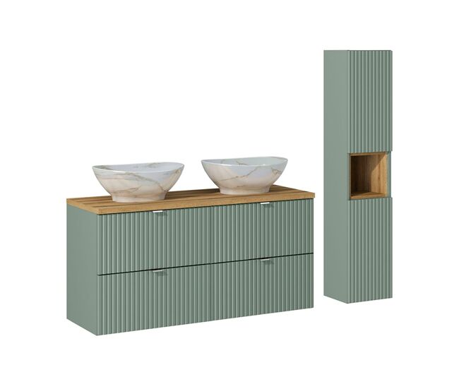 Conjunto de lavatório duplo de 120 cm com 4 gavetas e enceinte jade verde e madeira