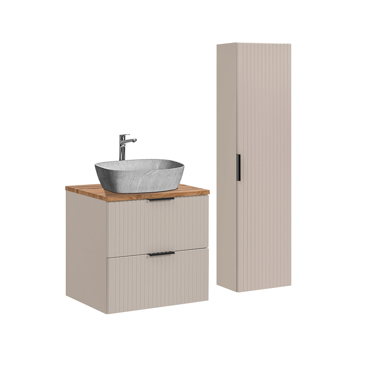 Lavatório individual de 60 cm e móvel de apoio adriel cashmere com efeito de madeira e pedra