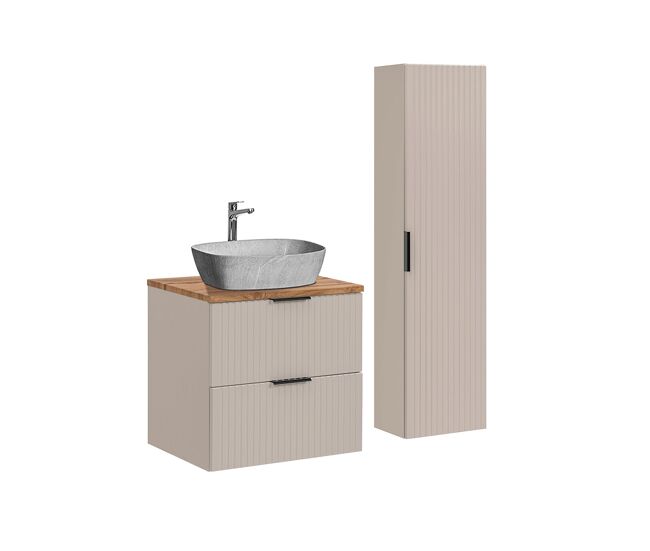 Lavatório individual de 60 cm e móvel de apoio adriel cashmere com efeito de madeira e pedra
