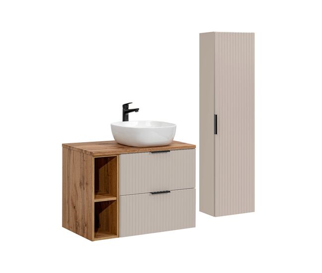 Adriel móvel de lavatório simples em caxemira e madeira 80cm 2 nichos e pedestal