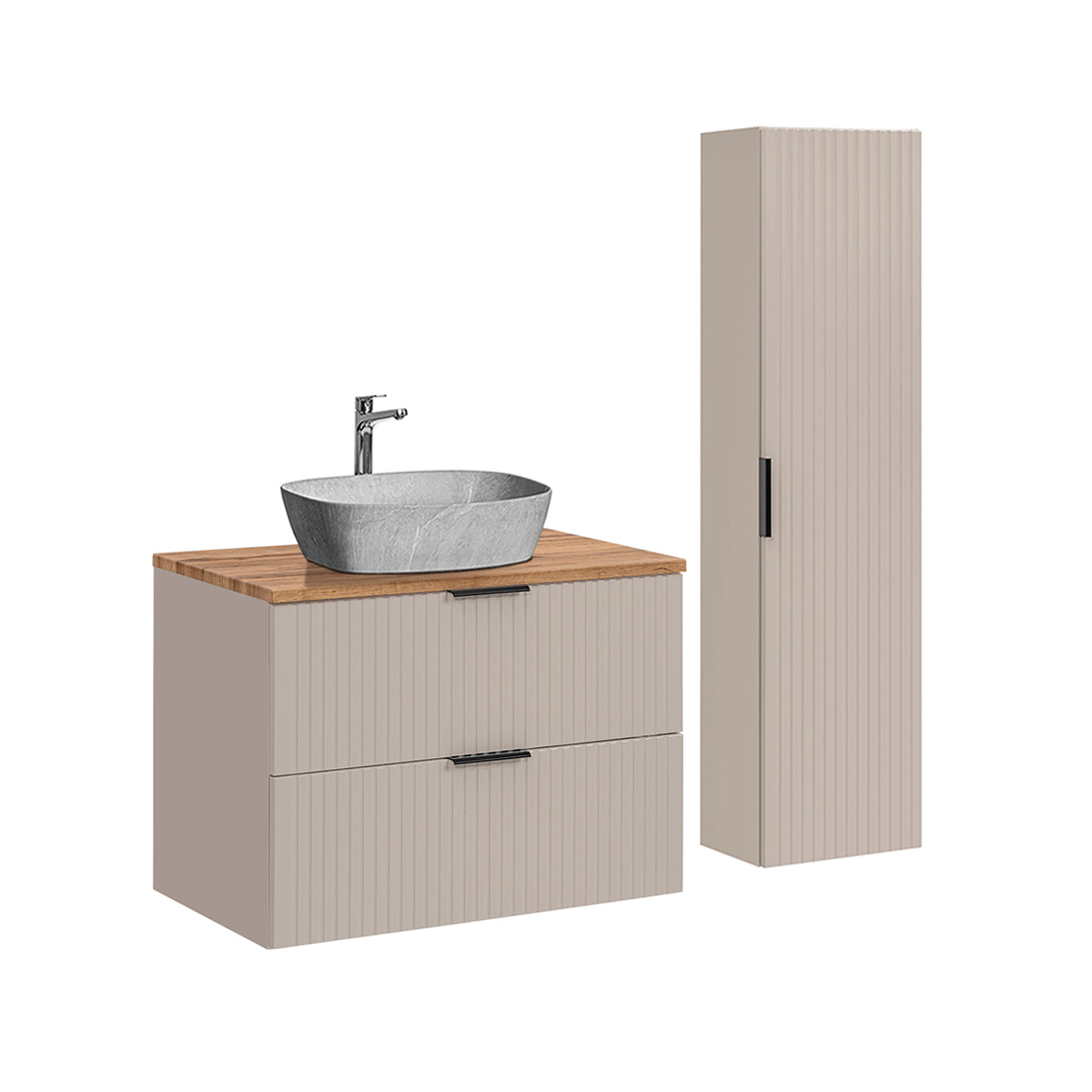 Móvel de lavatório individual de 80 cm e móvel de toucador adriel cashmere com efeito madeira e pedra