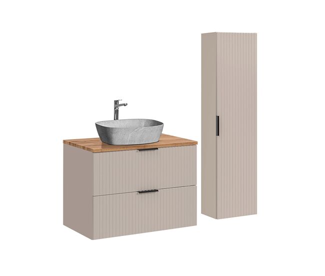 Móvel de lavatório individual de 80 cm e móvel de toucador adriel cashmere com efeito madeira e pedra