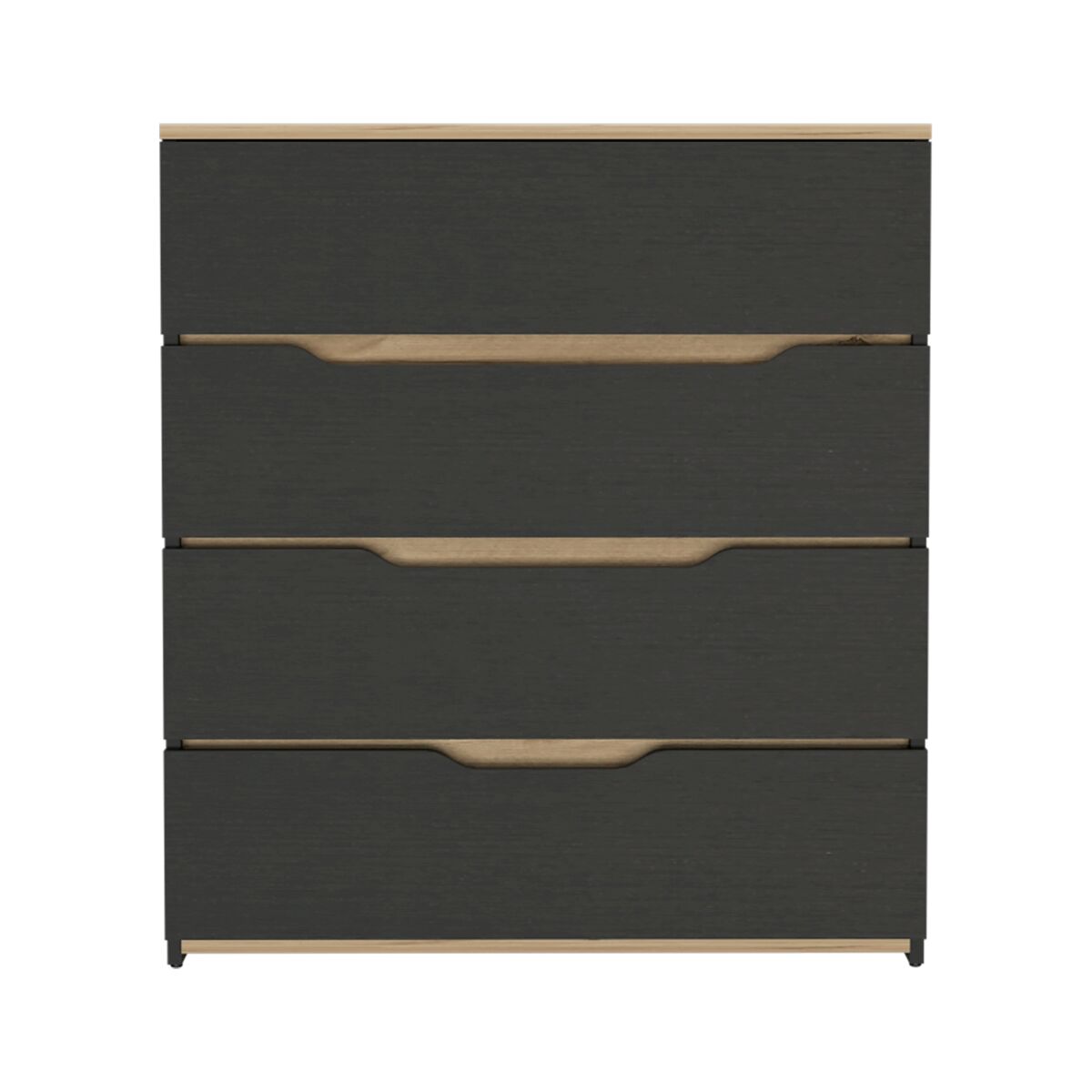 Cómoda Zoe em melamina com quatro gavetas e calhas metálicas.