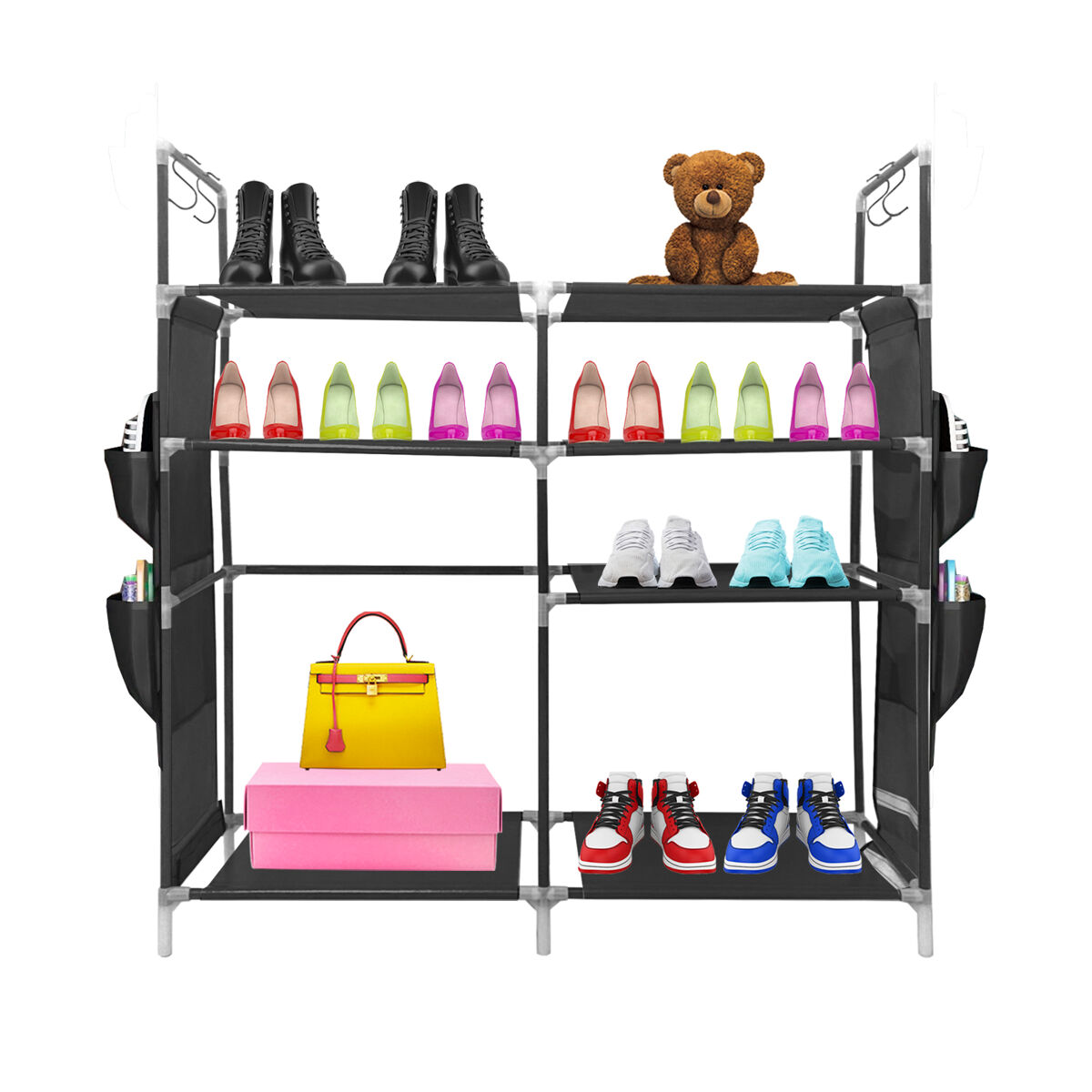 Sapateira modular de metal nyana home até 21 pares 95x90x27cm, 4 bolsos laterais, 4 alturas preto.
