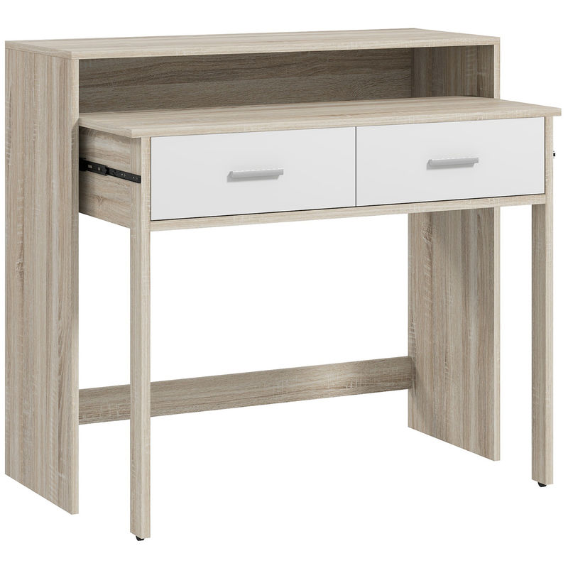 Homcom mesa consola moderna de entrada de 2 níveis com trilhos deslizantes 2 gavetas 2 rodas anti-tombo móvel de entrada para sala de estar corredor