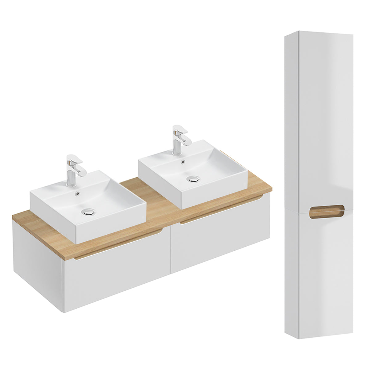 Móvel de lavatório duplo de 120 cm com 2 gavetas e móvel alto livia blanc e madeira