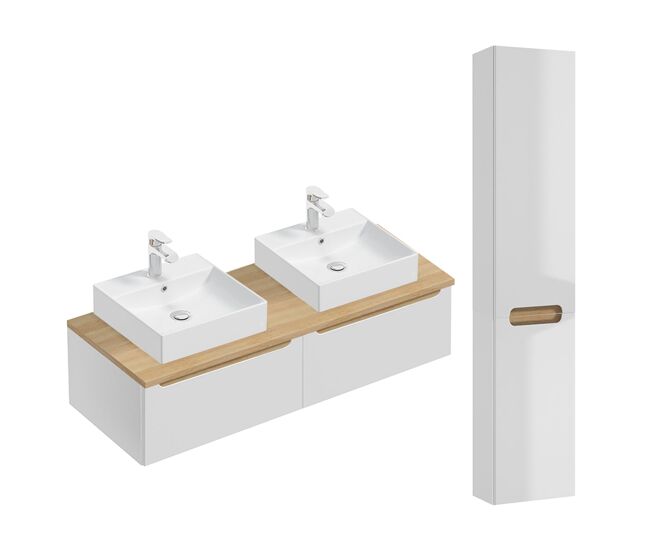 Móvel de lavatório duplo de 120 cm com 2 gavetas e móvel alto livia blanc e madeira