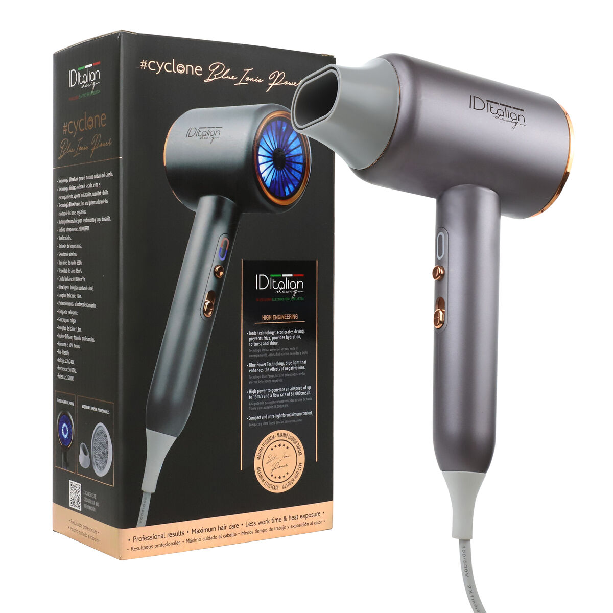 Italian design - cyclone blue ionic power secador de cabelo iônico profissional - secador de cabelo com potência de 2200w, 3 modos de aquecimento, botão de ar frio, 3 velocidades e função iônica - gris