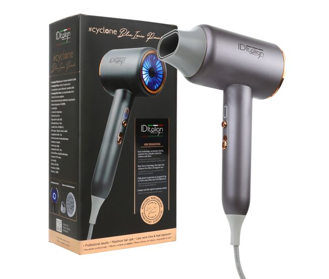 Italian design - cyclone blue ionic power secador de cabelo iônico profissional - secador de cabelo com potência de 2200w, 3 modos de aquecimento, botão de ar frio, 3 velocidades e função iônica - gris