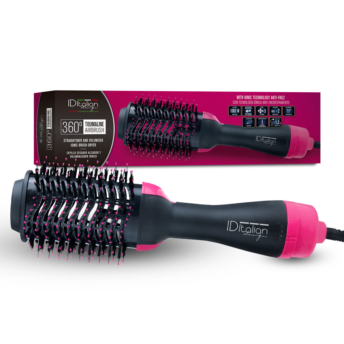 Italian design - 360 toumalin airbrush com tecnologia iônica da tourmaline | escova secadora profissional com potência de 1000w | aquecedor cerâmico | 3 velocidades e 2 modos de aquecimento