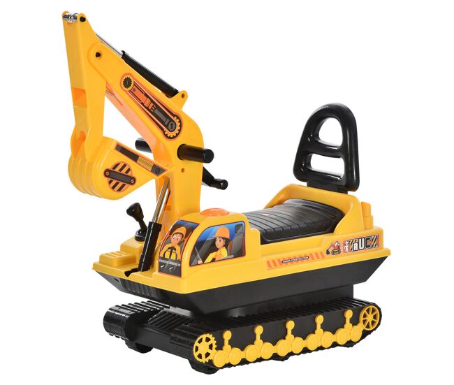 Homcom escavadora sem pedais com braço móvil carro andador com assento de armazenamento pá dianteira e buzina carga máxima 30 kg 78x24x58,5 cm amarelo