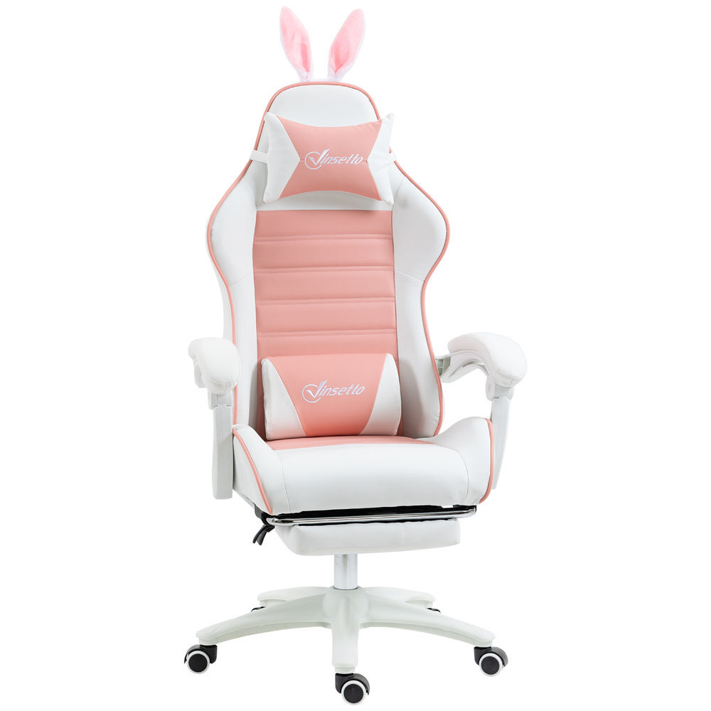 Vinsetto cadeira gaming profissional cadeira gamer giratória de couro pu com altura ajustável inclinável 135° apoio para a cabeça e apoio para os pés para escritório 65x63x136-142 cm rosa e noir
