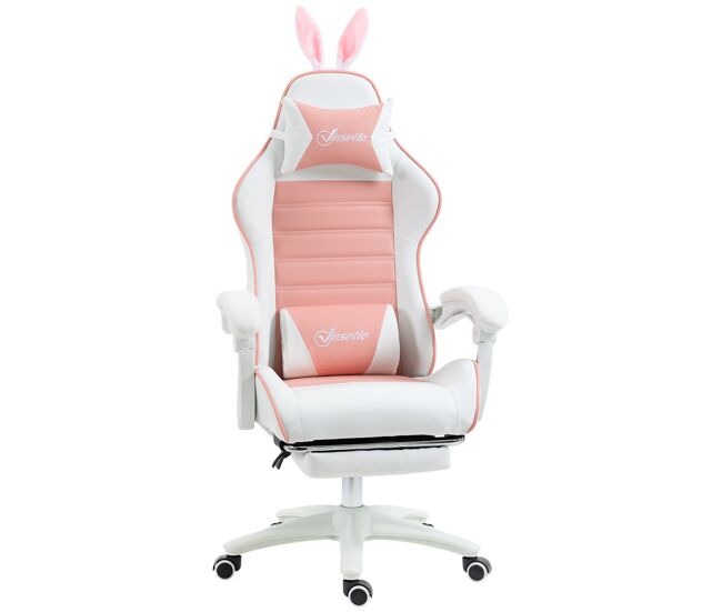 Vinsetto cadeira gaming profissional cadeira gamer giratória de couro pu com altura ajustável inclinável 135° apoio para a cabeça e apoio para os pés para escritório 65x63x136-142 cm rosa e noir