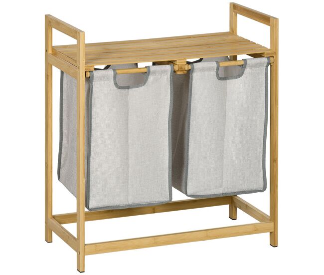 Homcom cesto de roupa de bambu cesto de roupa suja com 2 bolsas amovíveis e 2 prateleiras carga 20 kg 2x40,6l para casa de banho dormitório 64x33x73