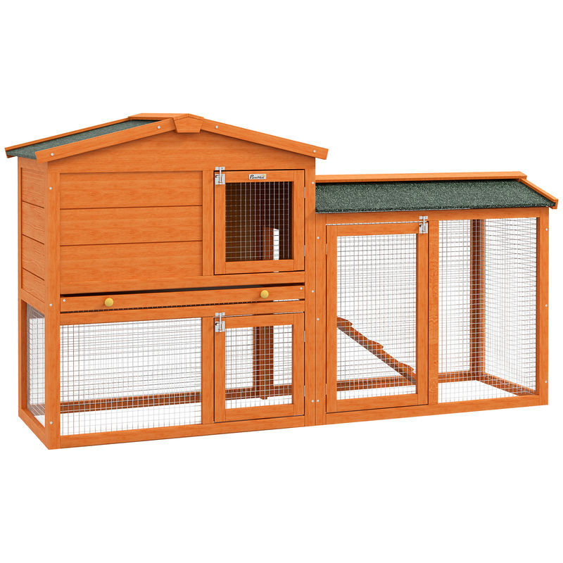Pawhut coelheira de madeira de 2 níveis, jaula grande para coelhos com telhado asfáltico, bandeja removível e rampa, coelheira para exterior, para