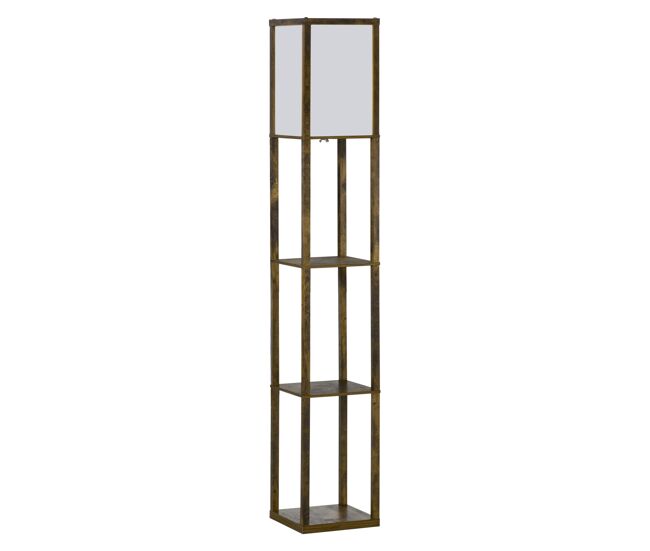 Homcom candeeiro de pé de madeira com 3 étagères de armazenamento para lâmpada e27 potência máx. 40w candeeiro moderno para sala de estar dormitório 26x26x160 cm marrom rústico