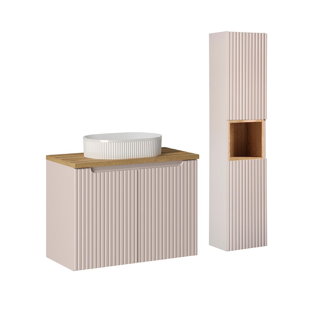 Móvel de lavatório simples 80cm 2 portas e pedestal riva caxemira e madeira