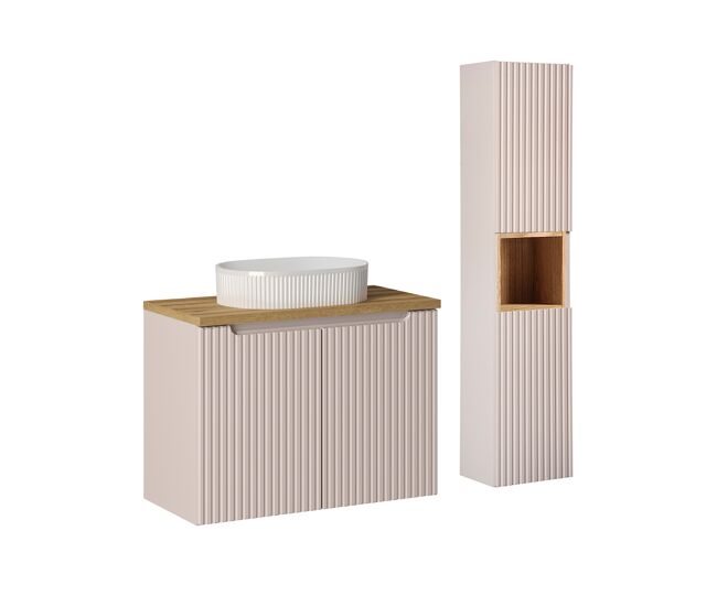 Móvel de lavatório simples 80cm 2 portas e pedestal riva caxemira e madeira