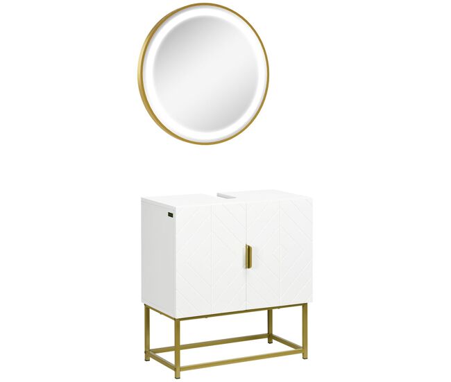 Kleankin conjunto móveis para casa de banho móvel para lavatório pousar com pés de aço e espelho para casa de banho com luz led interruptor tátil