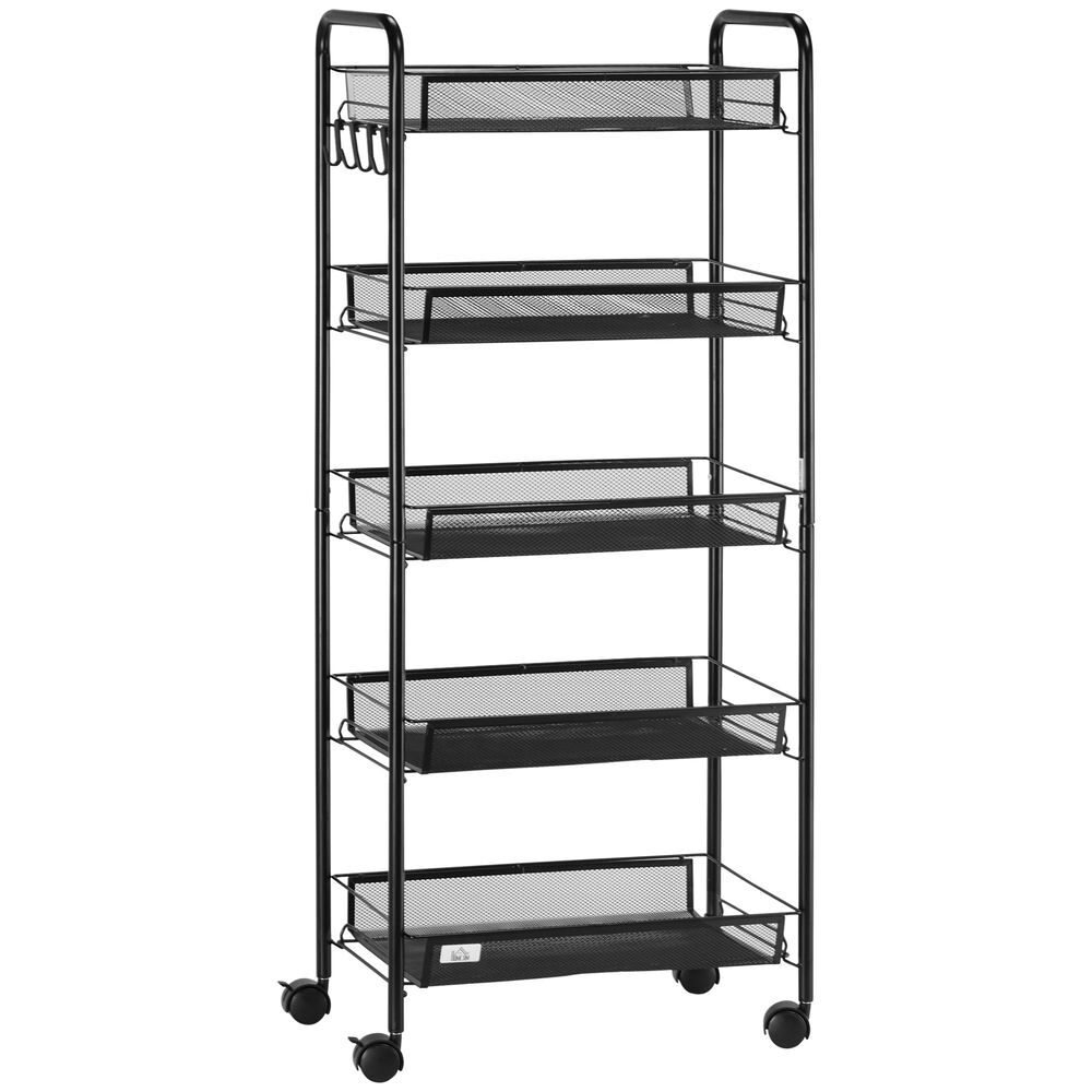 Homcom carrinho de apoio com rodas, étagère de cozinha de 5 níveis, carrinho com 4 ganchos, suporta até 15 kg, ideal para cozinha, sala, casa de banho, 45x26,5x106 cm, noir
