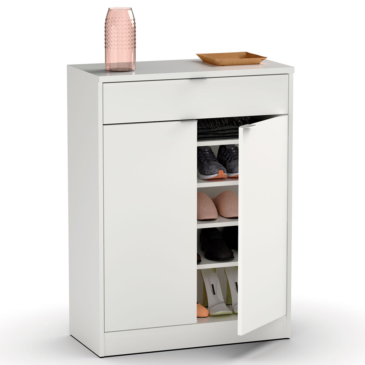 Briebe domus sapateira organizador de corredor, móvel auxiliar estreito para sapatos, 2 portas, gaveta 101x75x36 cm, , blanc